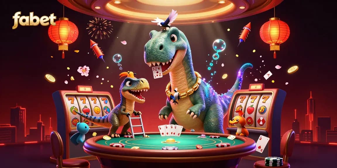 Experience fabet's excitement with a vibrant 3D illustration of a brontosaurus and raptor at a poker table.