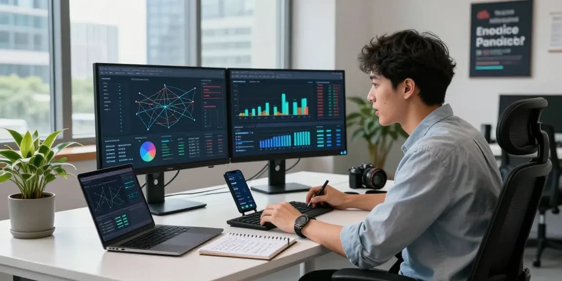 快连 user analyzing network performance data in a modern workspace with dual monitors and tech accessories.
