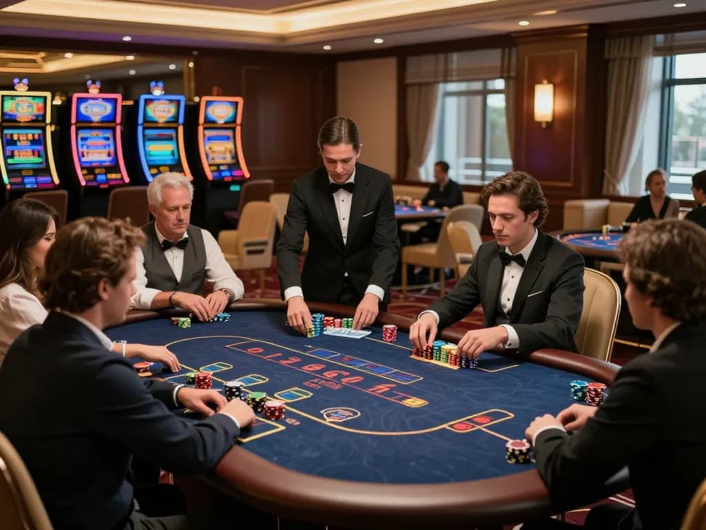 rr88 players strategizing at a luxurious poker table in a high-end casino, showcasing professional gameplay.