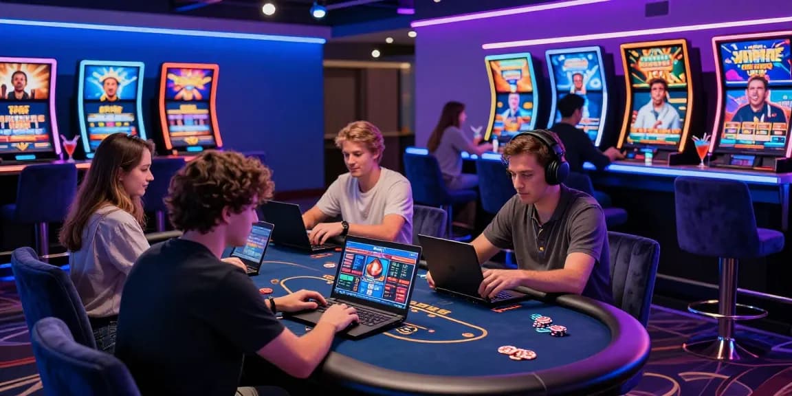 Spieler genießen Spiele in einem Paysafe Card Casino und zeigen lebendige Beleuchtung und digitale Aufregung.