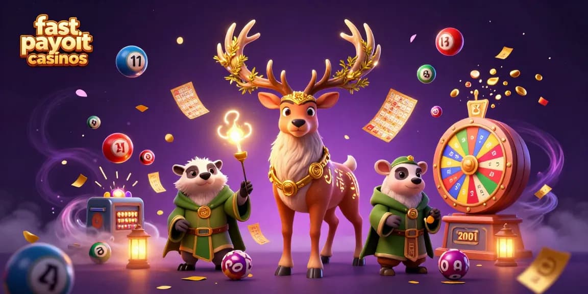 Engage with fast payout casinos through vivid 3D casino illustration, showcasing exciting game elements and magical characters.