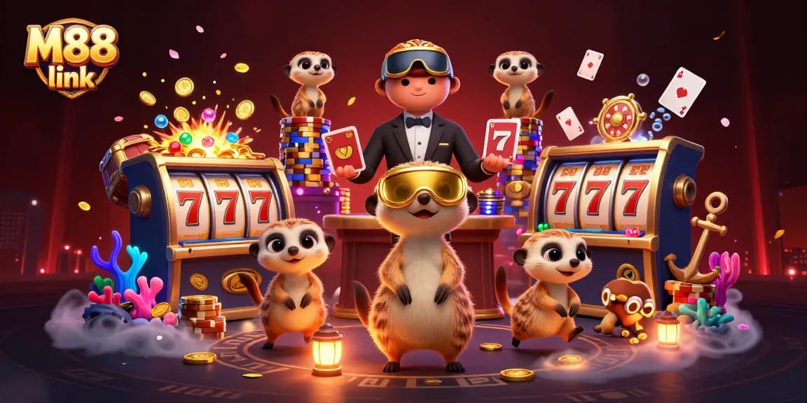 Experience stunning M88 link visuals with meerkats managing a vibrant casino operation.