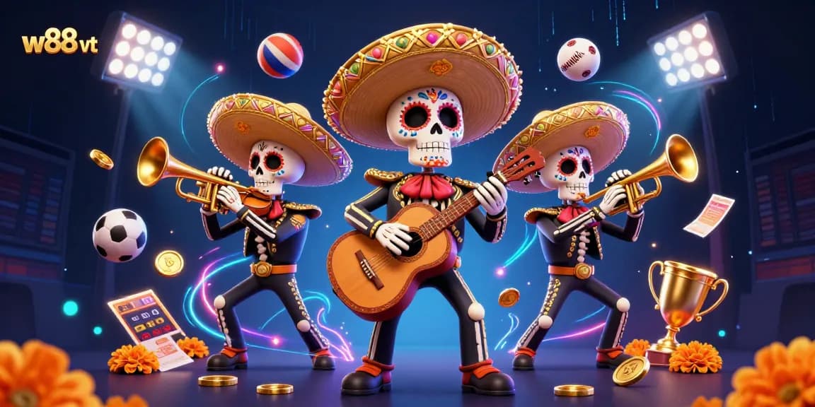 Tham gia chơi tại w88 vt với hình ảnh sôi động từ băng nhóm nhạc mariachi 3D và các môn thể thao đang hoạt động.