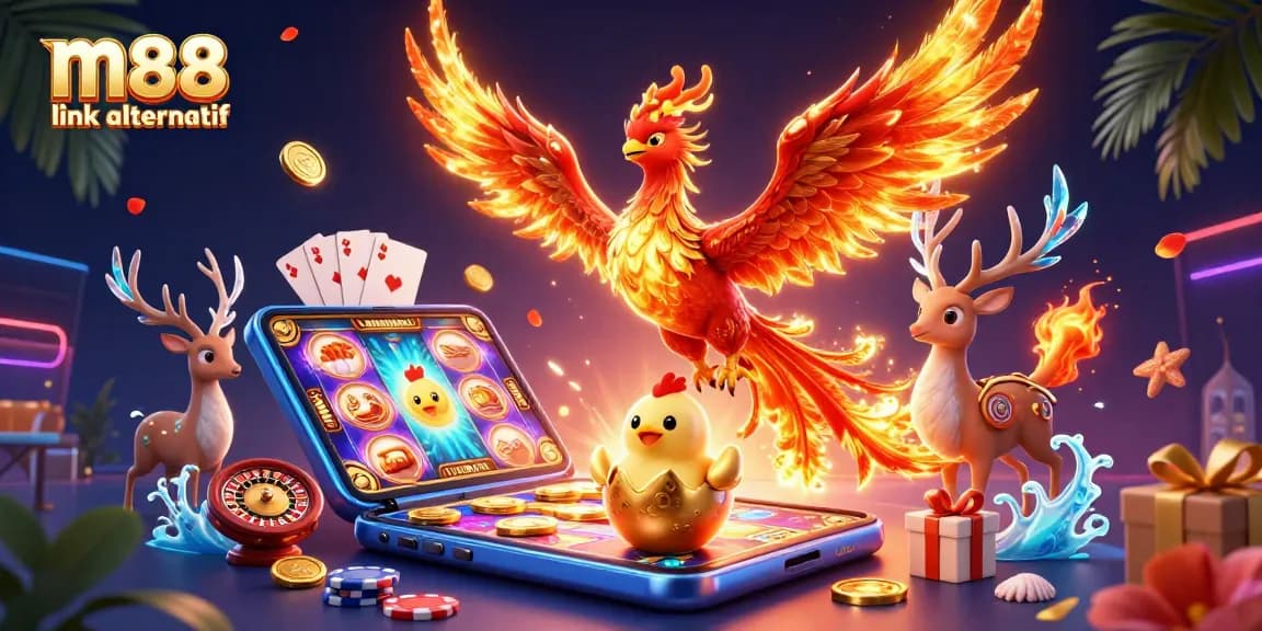 Experience thrilling m88 link alternatif action with vibrant casino elements featuring a phoenix and golden treasures.