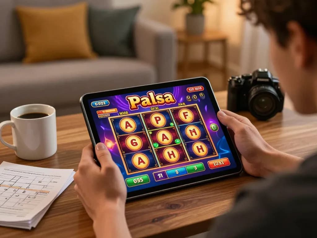 Player enjoying slot pulsa games on a tablet while surrounded by strategy notes and a coffee mug, capturing the essence of online gaming.