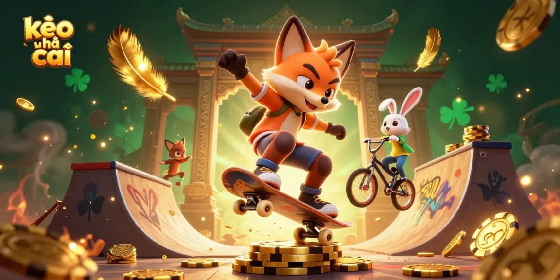 Experience thrilling kèo nhà cái action with a skateboarder fox and BMX rabbit in a vibrant casino scene.