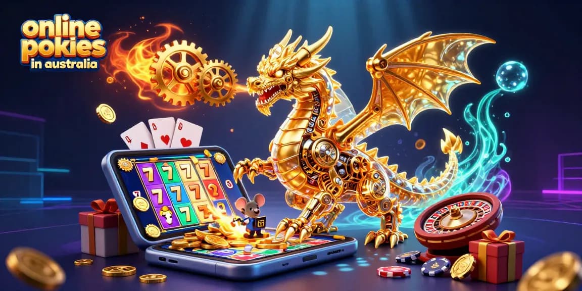Experience online pokies in Australia with a captivating scene of golden dragon and vibrant game elements.