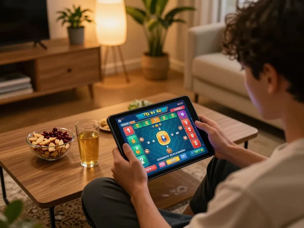 Playing taixiuonline on a tablet in a cozy home environment with snacks and drinks.