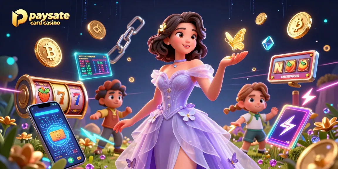 Interagieren Sie mit der lebendigen Paysafe Card Casino-Szene, die eine atemberaubende Frau zwischen leuchtenden Spielautomaten und Kryptowährungen zeigt.