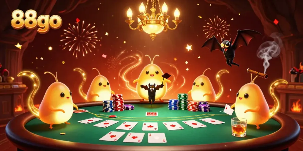 Illuminating the excitement of 88go, a lively casino scene with glowworms and a bat dealer.