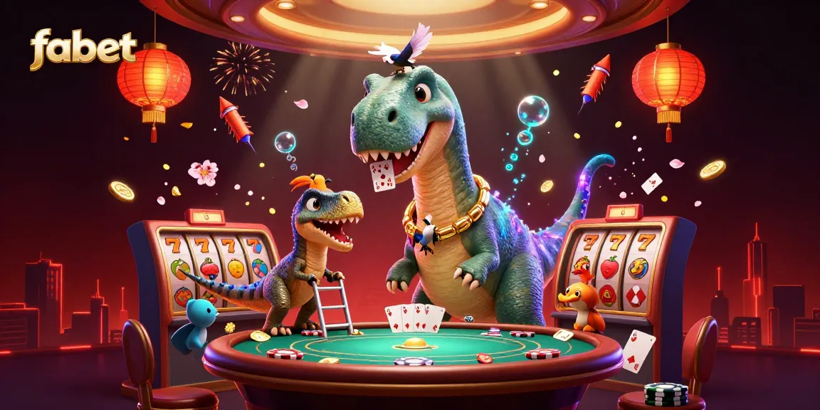 Experience fabet's excitement with a vibrant 3D illustration of a brontosaurus and raptor at a poker table.
