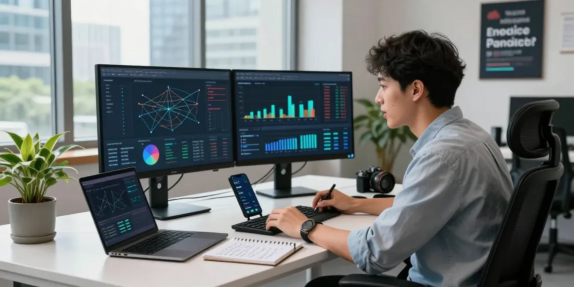 快连 user analyzing network performance data in a modern workspace with dual monitors and tech accessories.