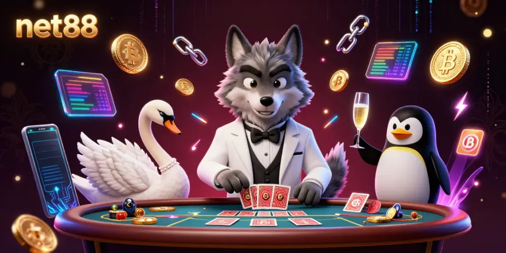 Engage with net88 in an exciting 3D casino adventure featuring characters at a baccarat table.