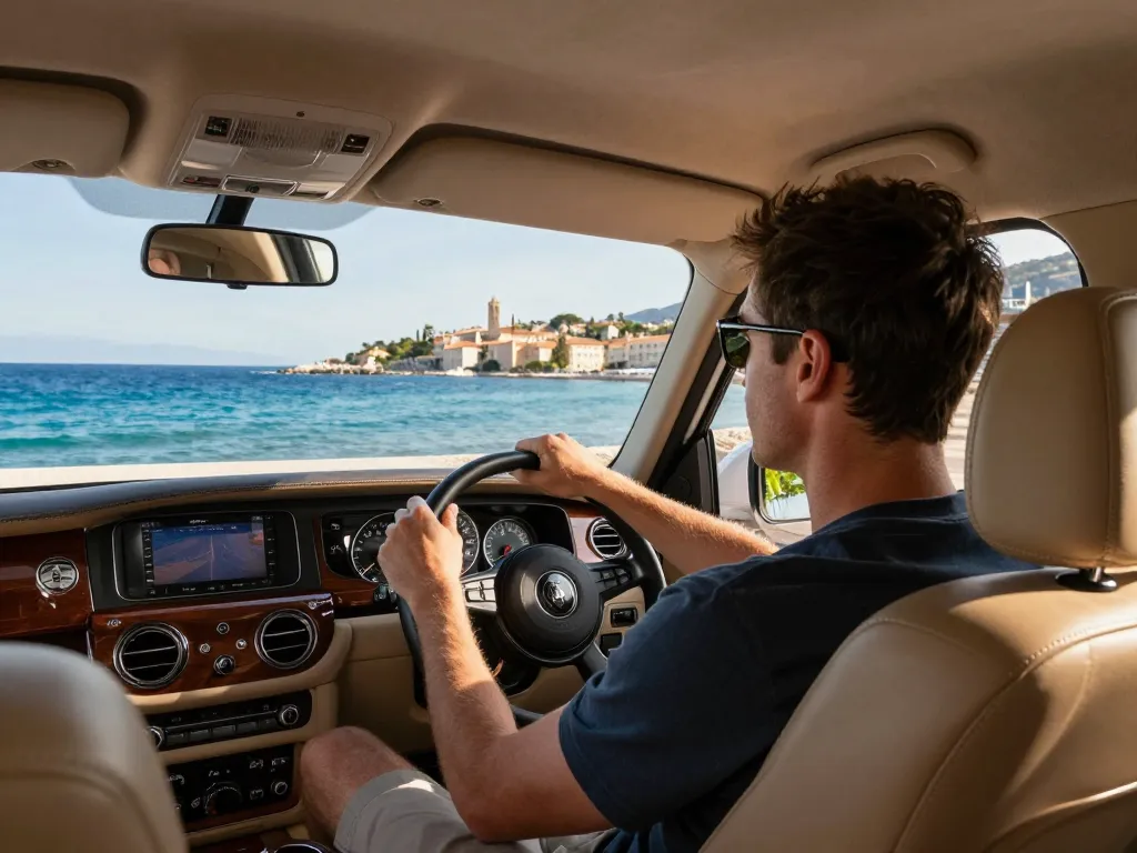 Trajet en taxi à Saint-Tropez avec vue panoramique sur la côte méditerranéenne et intérieur de véhicule de luxe.