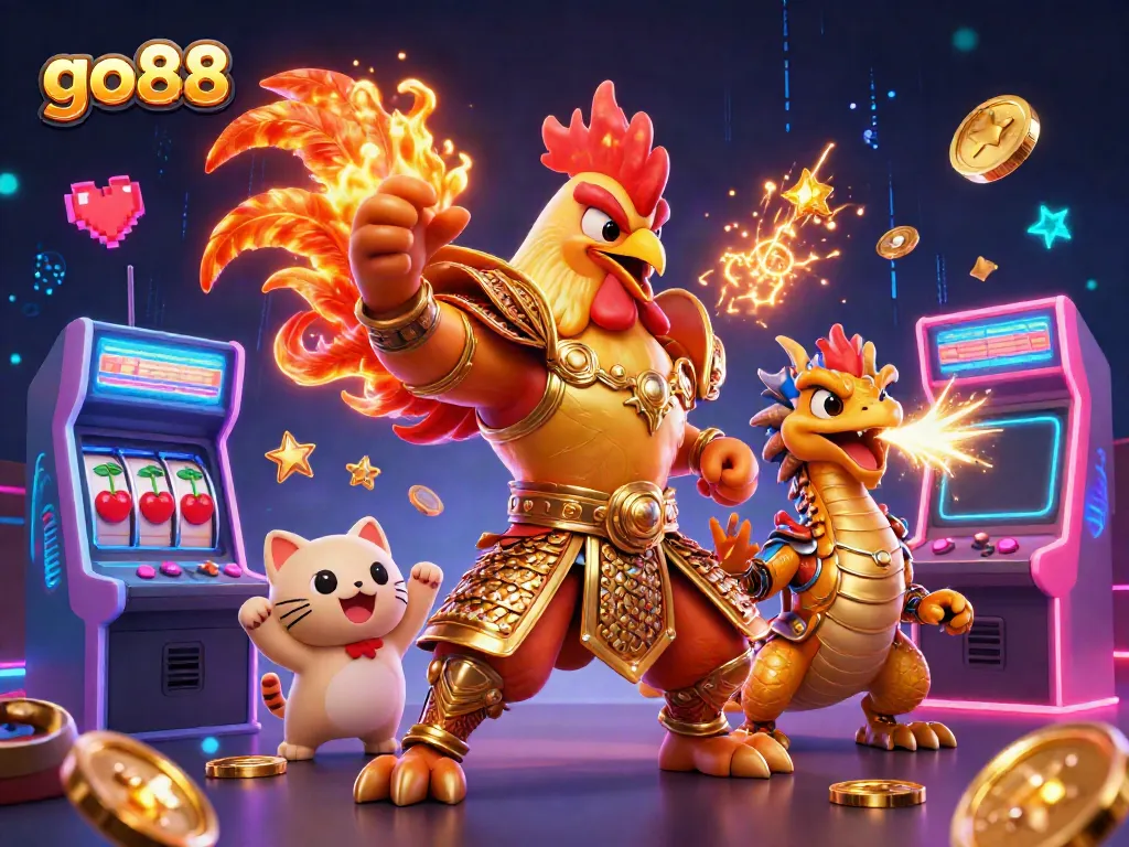 Experience go88 with a fiery cartoon rooster warrior and dragon amidst vibrant casino gaming icons.