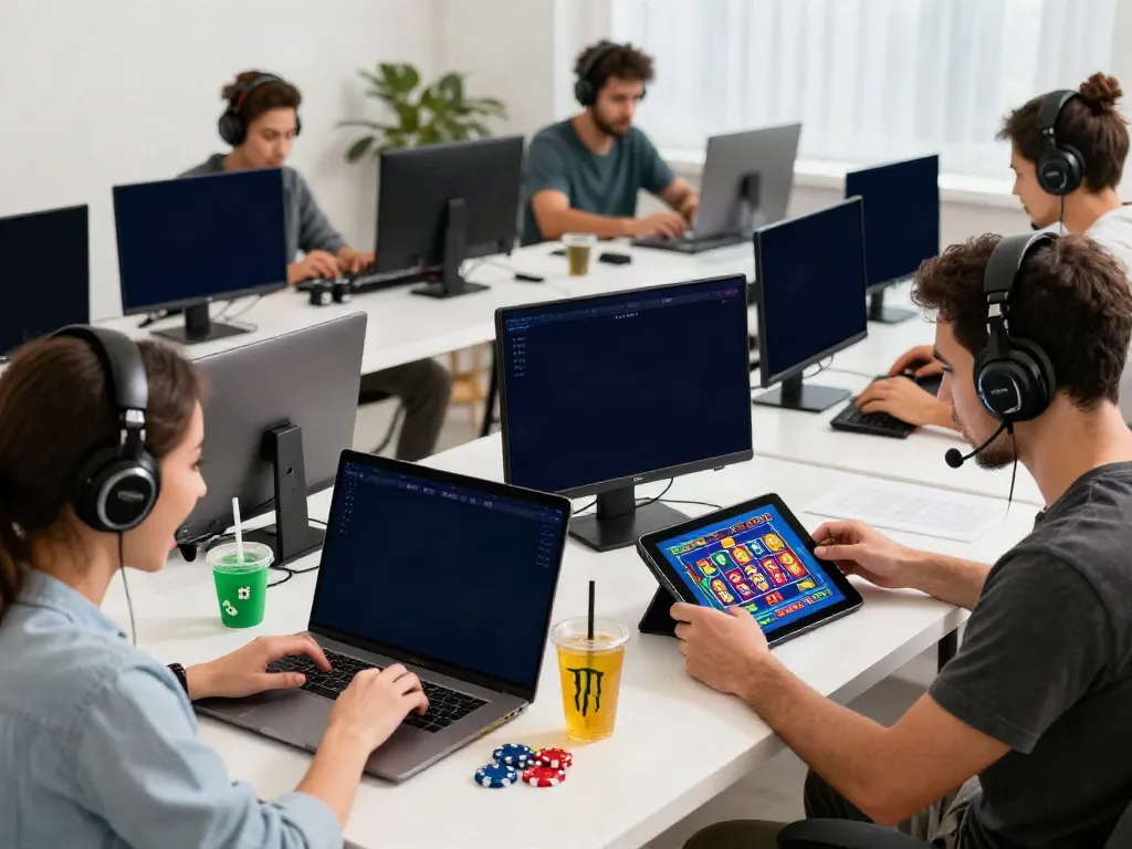 Players excitedly engaging with https://fabet.com.mx/ on various screens in a vibrant gaming environment.