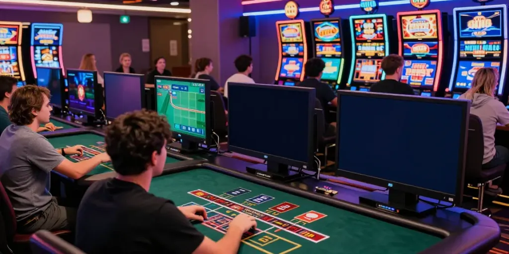 Engaging online gaming scene at man88 with players enjoying casino games and sports betting.