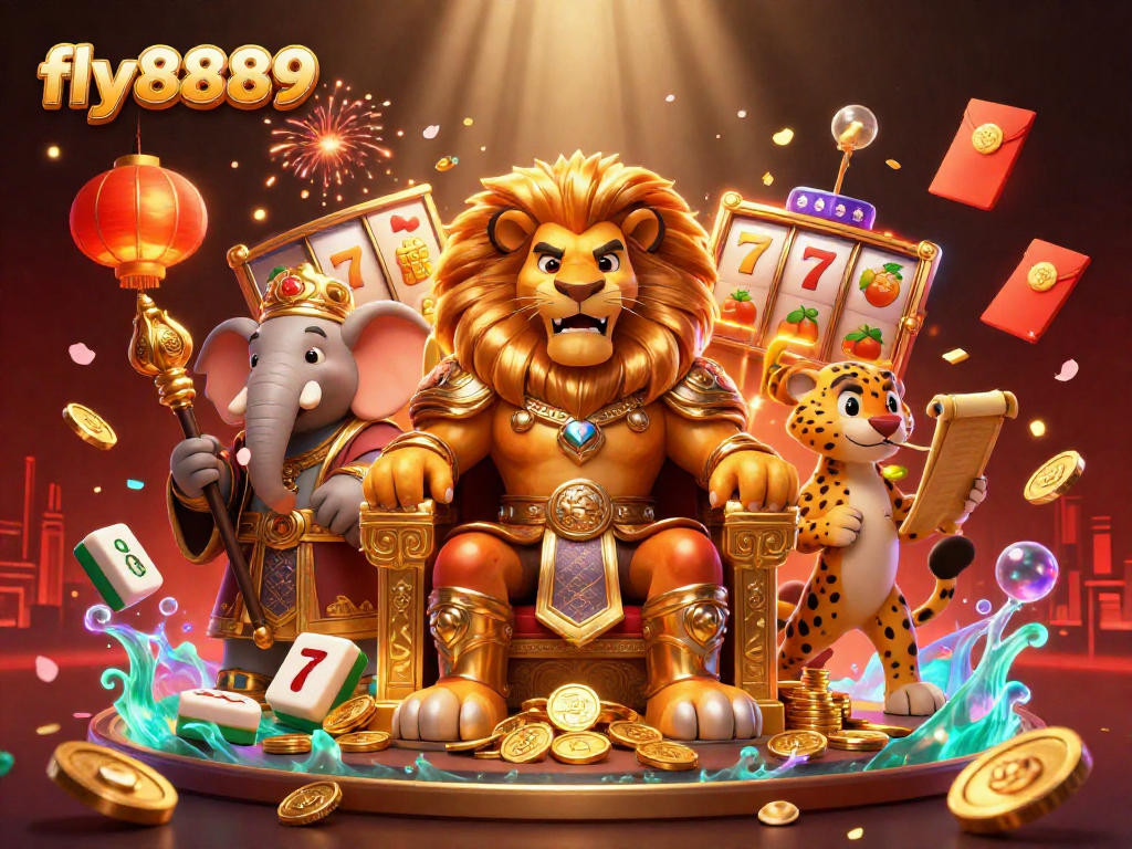 Experience the thrill of fly8889 with a vibrant 3D scene featuring a lion king, elephant advisor, and cheetah messenger amidst casino elements.
