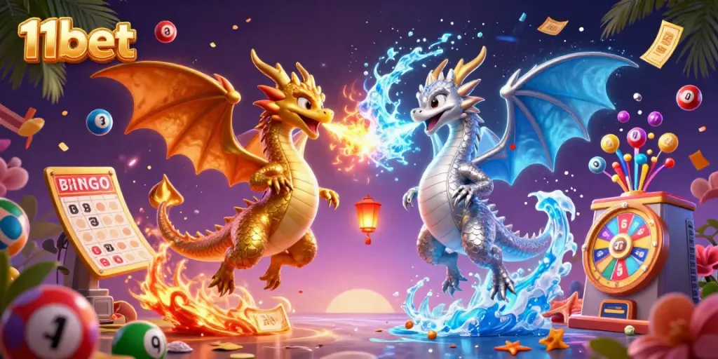 Experience the thrill of 11bet with animated dragons and colorful lottery elements.