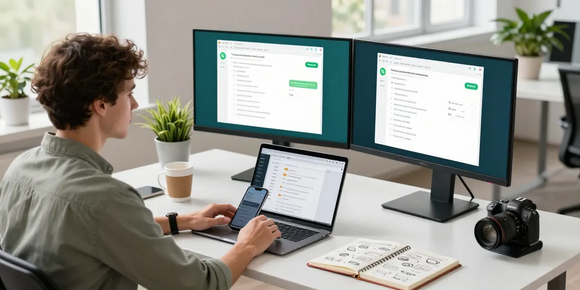 Engaging workspace illustrating WhatsApp網頁版 usage with dual monitors, smartphone, and productivity tools.