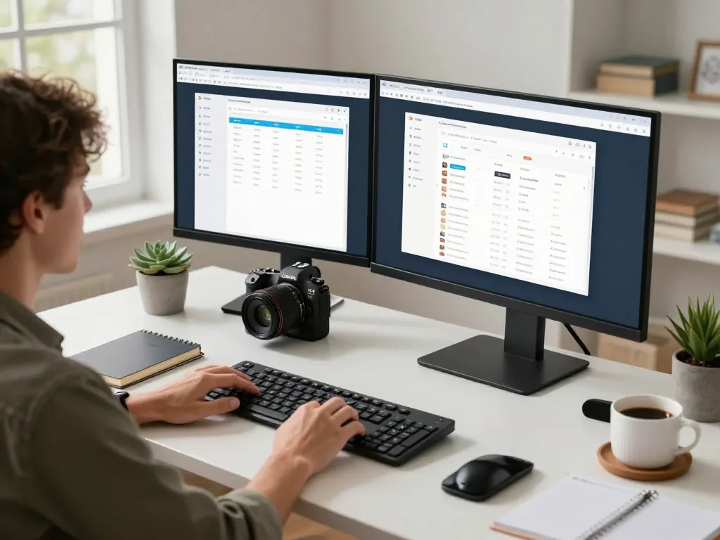 Innovative tech gadgets for productivity enhancing a modern home office environment with dual monitors, smart notebook, and sleek decor.