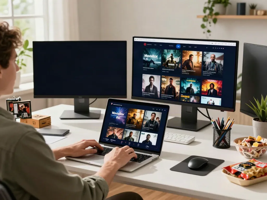 Explore MovieBox Pro for PC in a modern home office with a laptop and movie memorabilia.