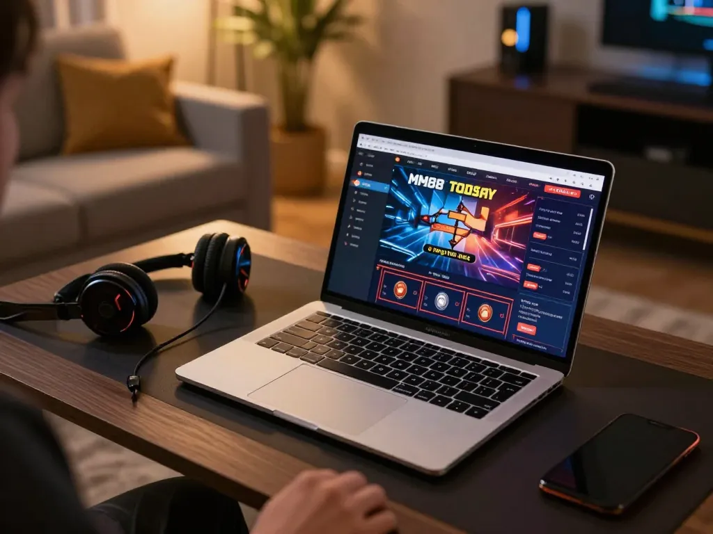 Playing online casino games on MM88 TODAY in a cozy home setting with a laptop and accessories.