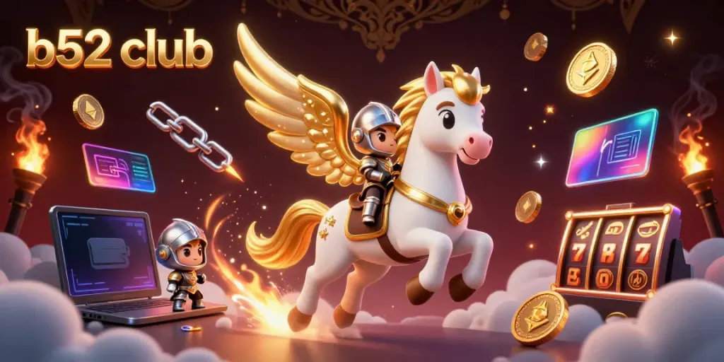 Engage with b52 club's thrilling games as a knight rides a celestial horse amidst vibrant casino elements.
