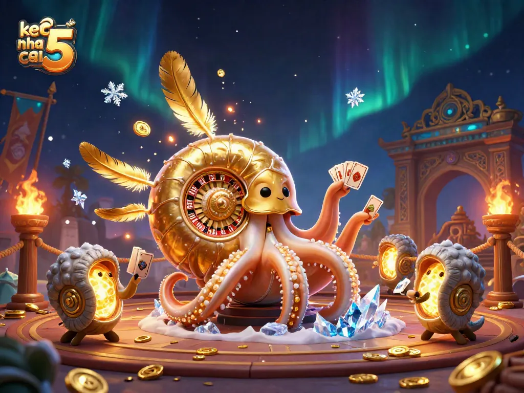 Experience keo nha cai 5 with a vibrant casino scene featuring a giant nautilus, cards, and glowing ammonites.