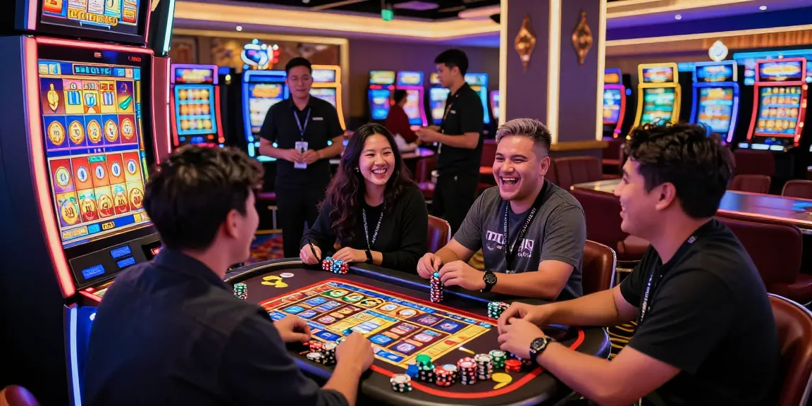 Friends enjoying a thrilling moment at a slot gacor machine in a lively casino setting.