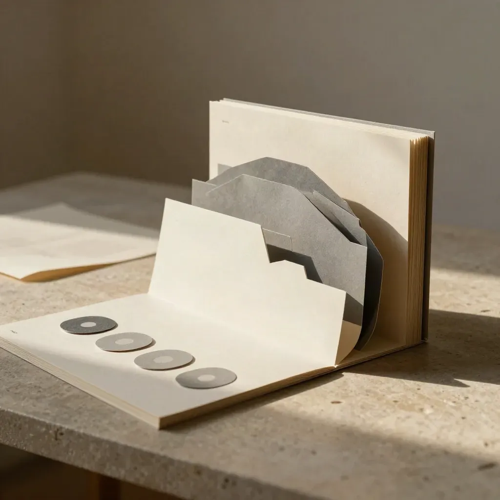 Model webové architektury z papírových bloků na kamenném stole v čistém ateliéru.