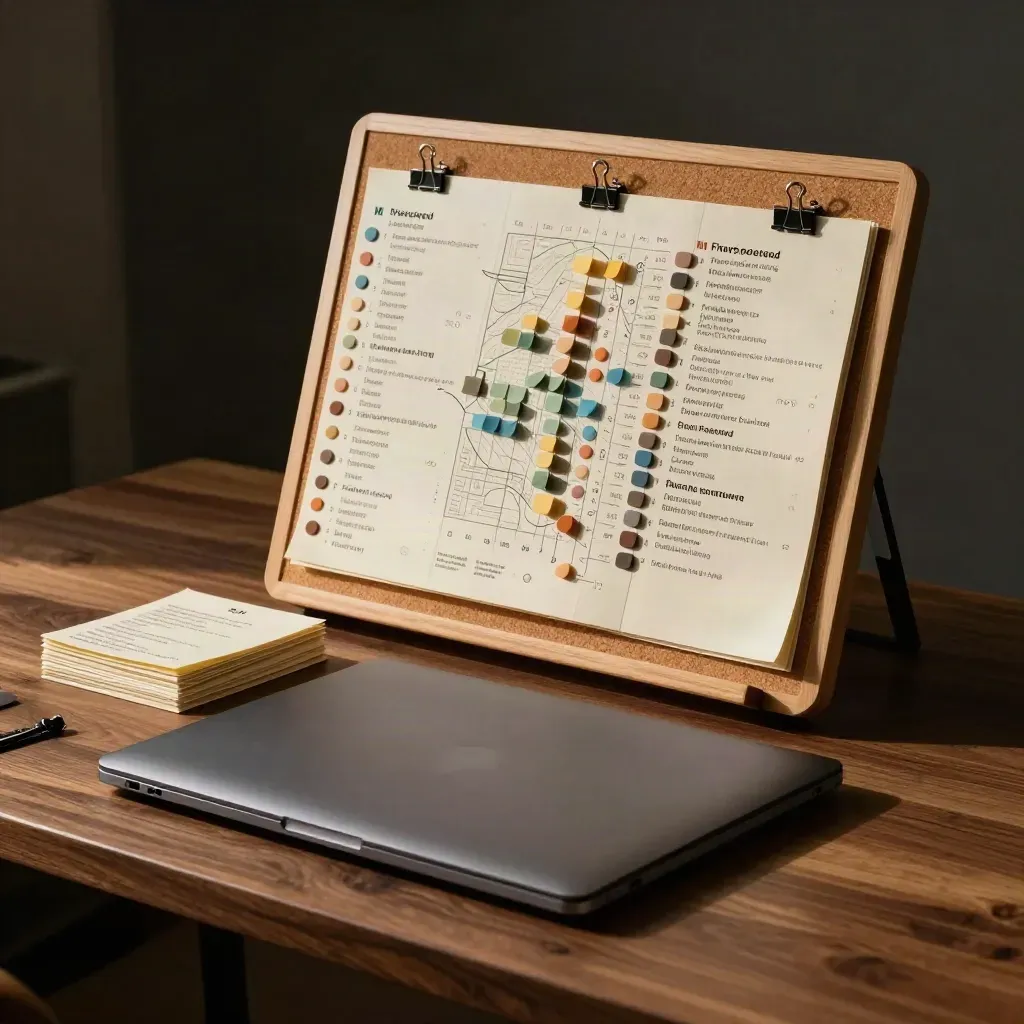 Zavřený notebook, barevné záložky klíčových slov a korková nástěnka v tmavém studiu.