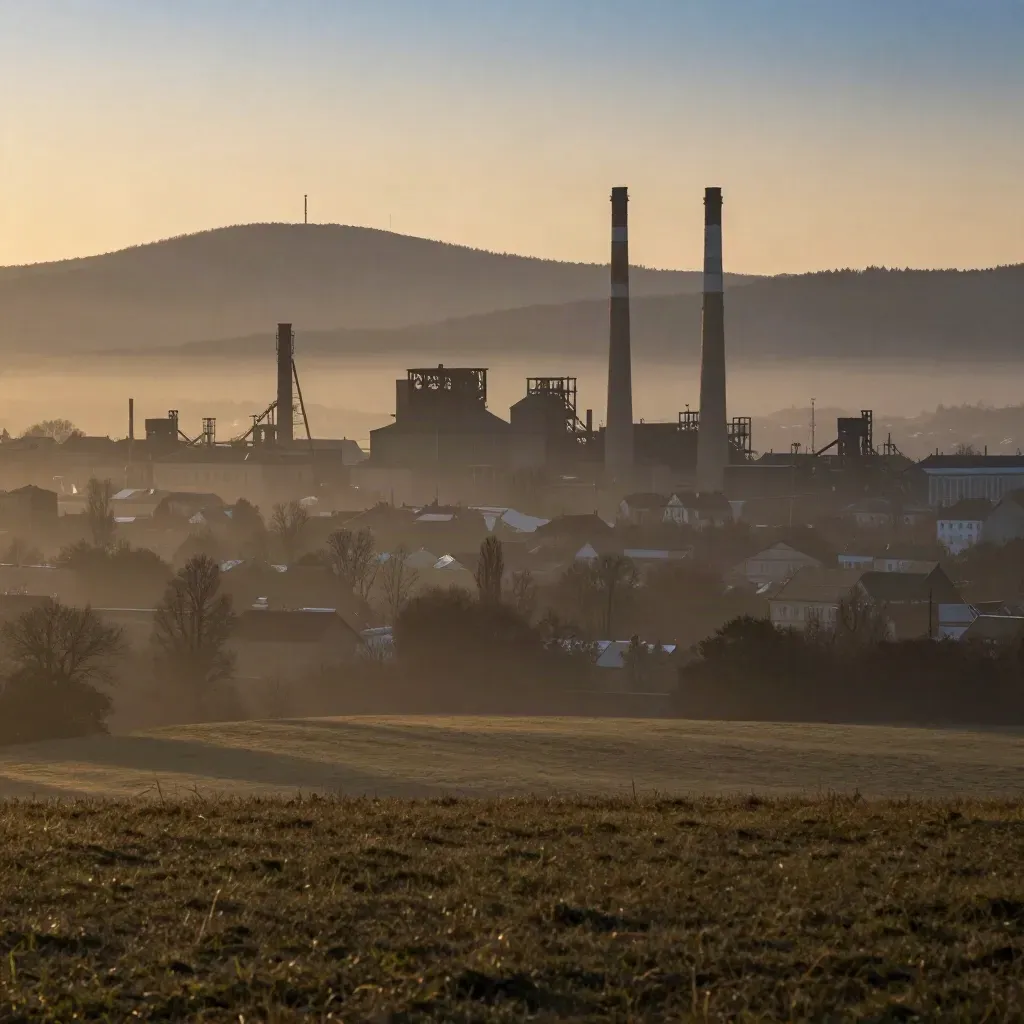 Zamlžené Ostravsko s průmyslovou siluetou a Beskydami v podvečerním světle.