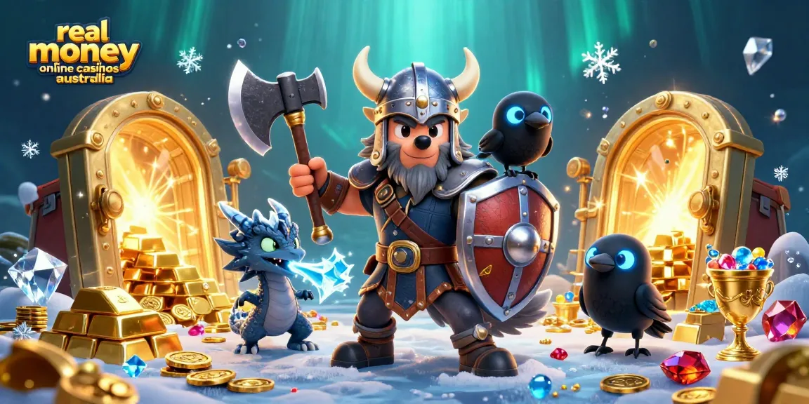Experience the excitement of real money online casinos Australia with animated Viking and dragon amidst treasures.