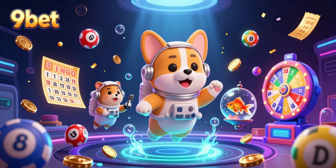 Experience thrilling games at 9bet's floating casino with an astronaut corgi and lottery elements.