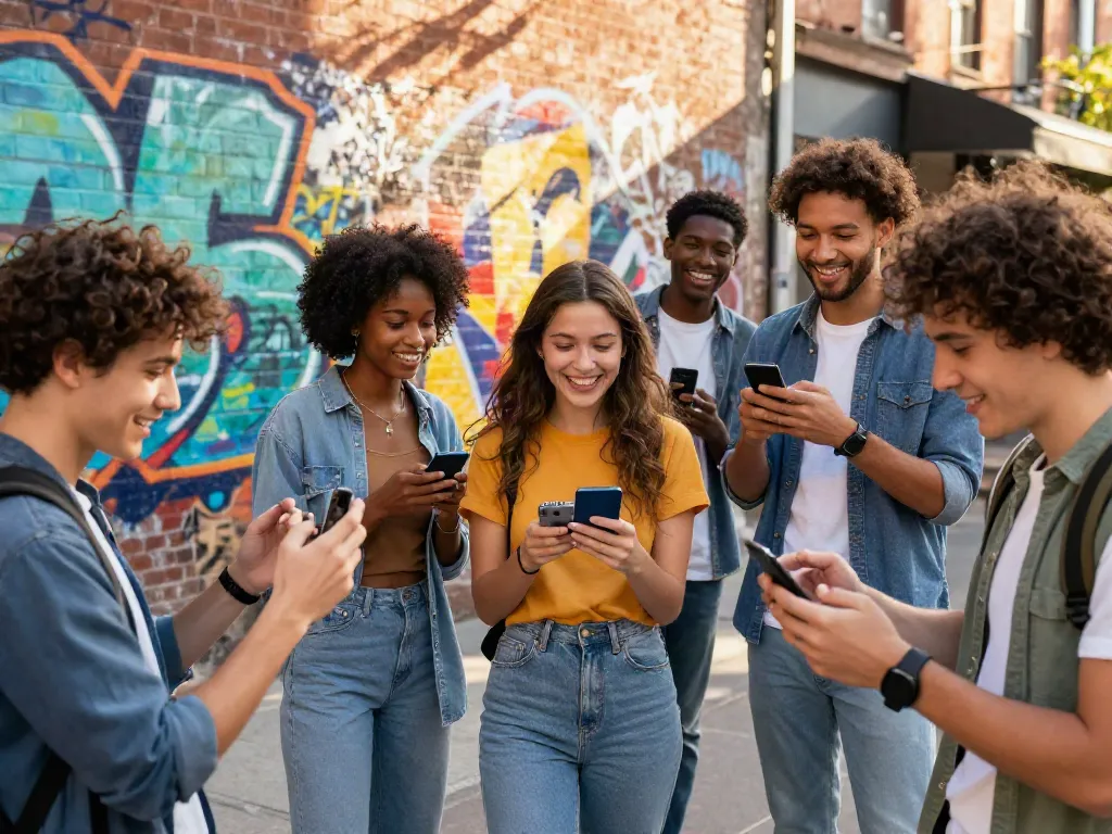 Dynamic urban scene showcasing young adults engaging with digital experiences and products at https://rokok88digital.com.
