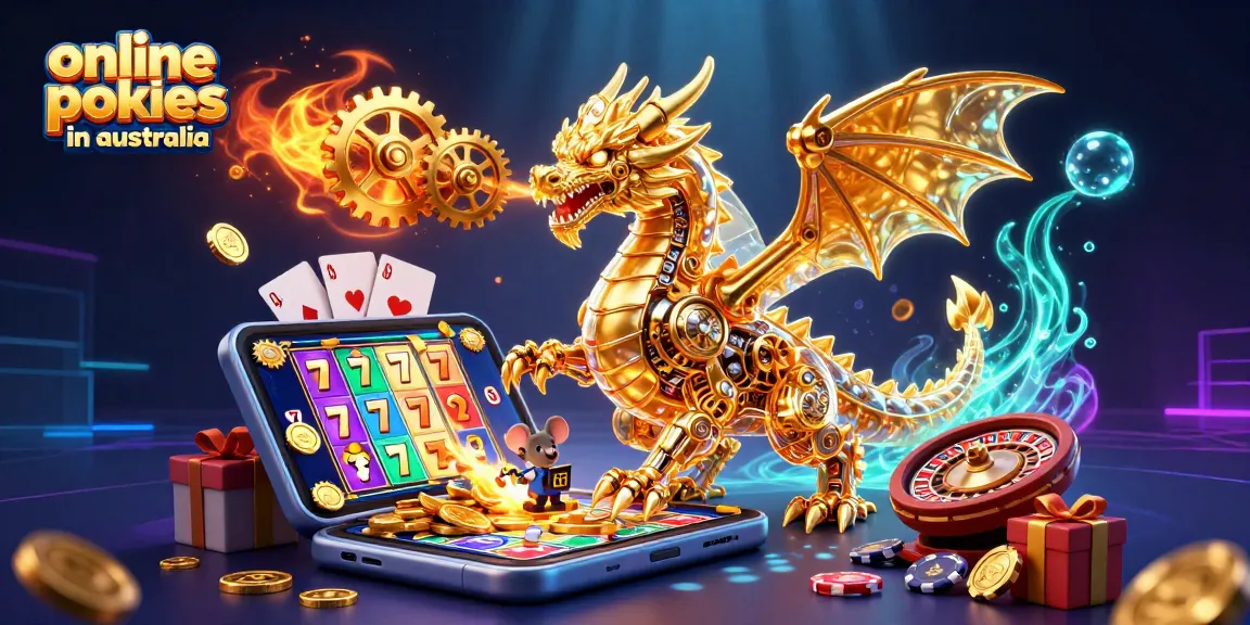 Experience online pokies in Australia with a captivating scene of golden dragon and vibrant game elements.