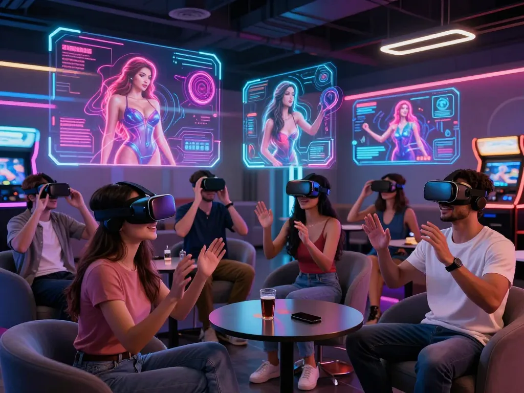 Users experiencing ai porn in a vibrant virtual reality environment with engaging holographic visuals.
