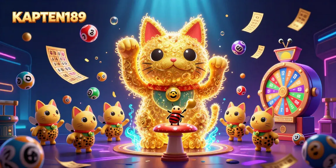 KAPTEN189 menghadirkan permainan slot dengan simbol cat keberuntungan yang dinamis, dikelilingi bola lotere berwarna.