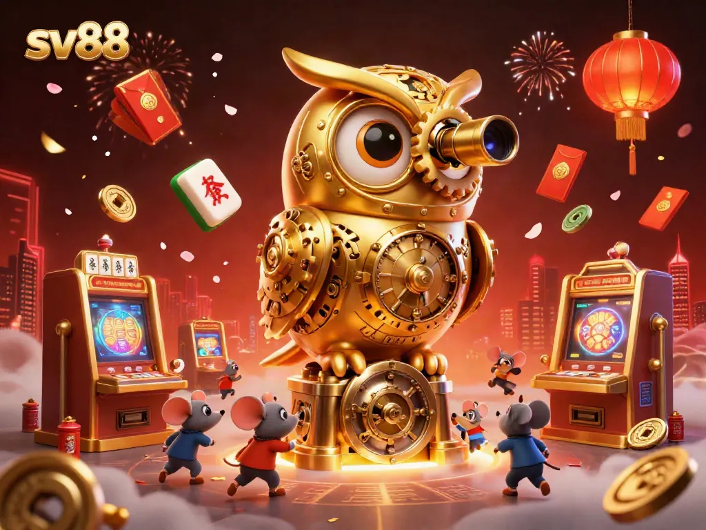 Experience the thrilling world of sv88 casino with a majestic owl and joyous characters in a vibrant gambling scene.