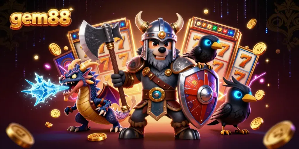 Experience thrilling action and rewards with gem88's captivating slot games and lively characters.