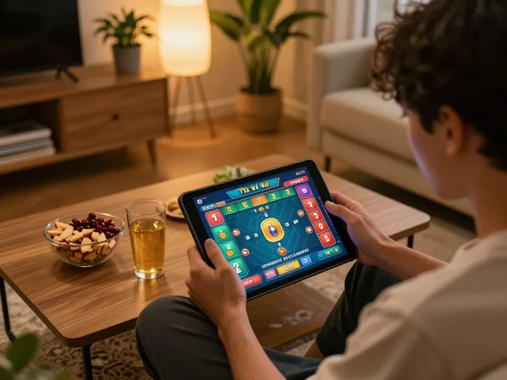 Playing taixiuonline on a tablet in a cozy home environment with snacks and drinks.