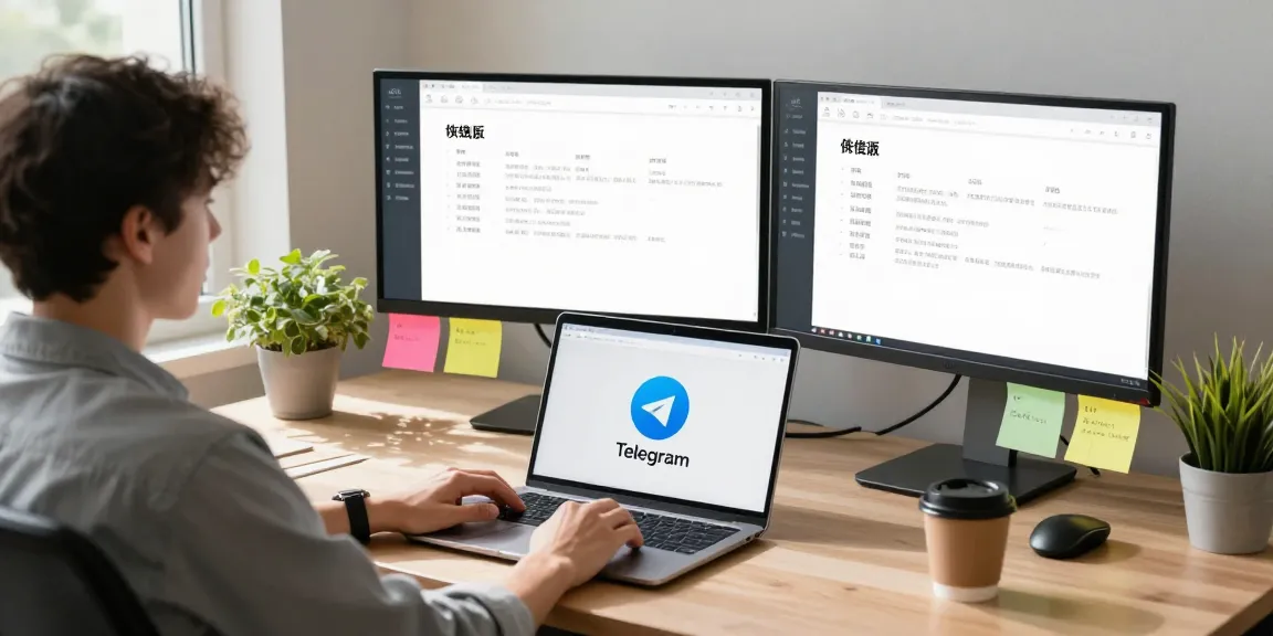 Using Telegram Chinese interface on laptop in a modern workspace.