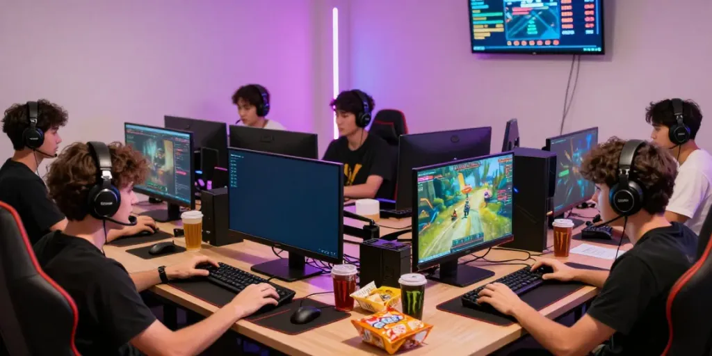 Engaged gamers exploring rokok88 in a vibrant online community, surrounded by gaming gear and dynamic visuals.