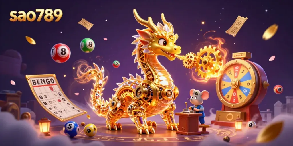 Experience the thrill of sao789 with a vibrant illustration featuring a dragon and dynamic lottery elements.