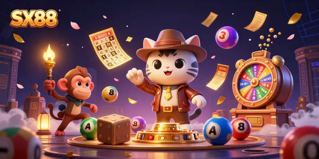 SX88 cat explorer discovers golden casino artifacts with dynamic lottery elements, engaging adventure scene.