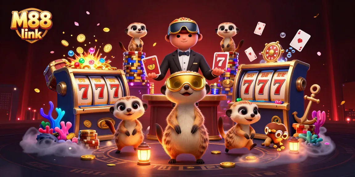 Experience stunning M88 link visuals with meerkats managing a vibrant casino operation.