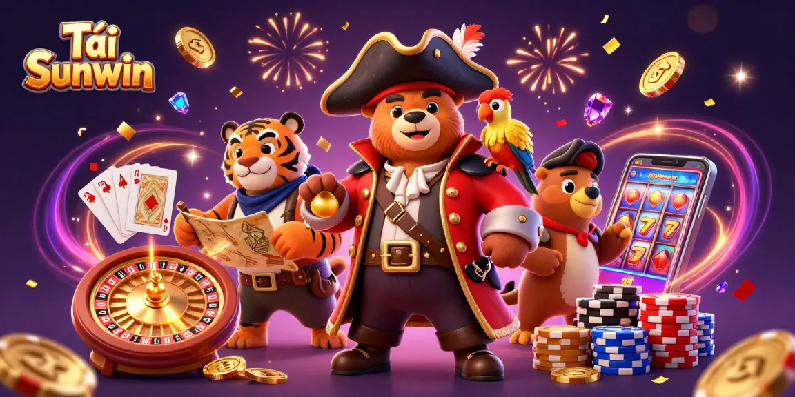 Tải Sunwin and win big with a vibrant illustration of exciting casino elements and characters.