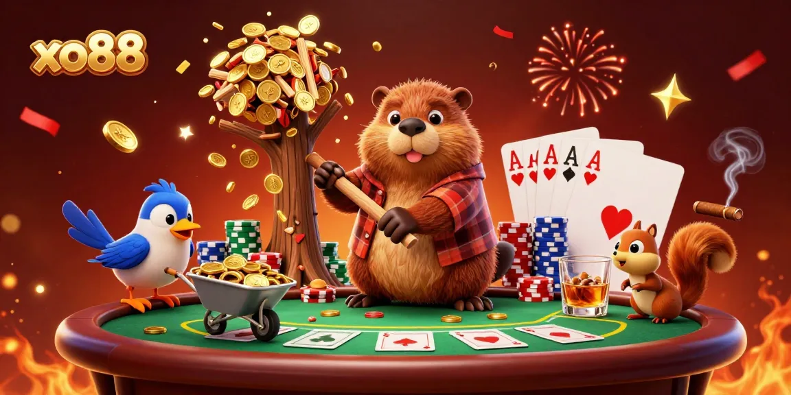 xo88 showcases a vibrant beaver and friends celebrating a poker win with coins and confetti.
