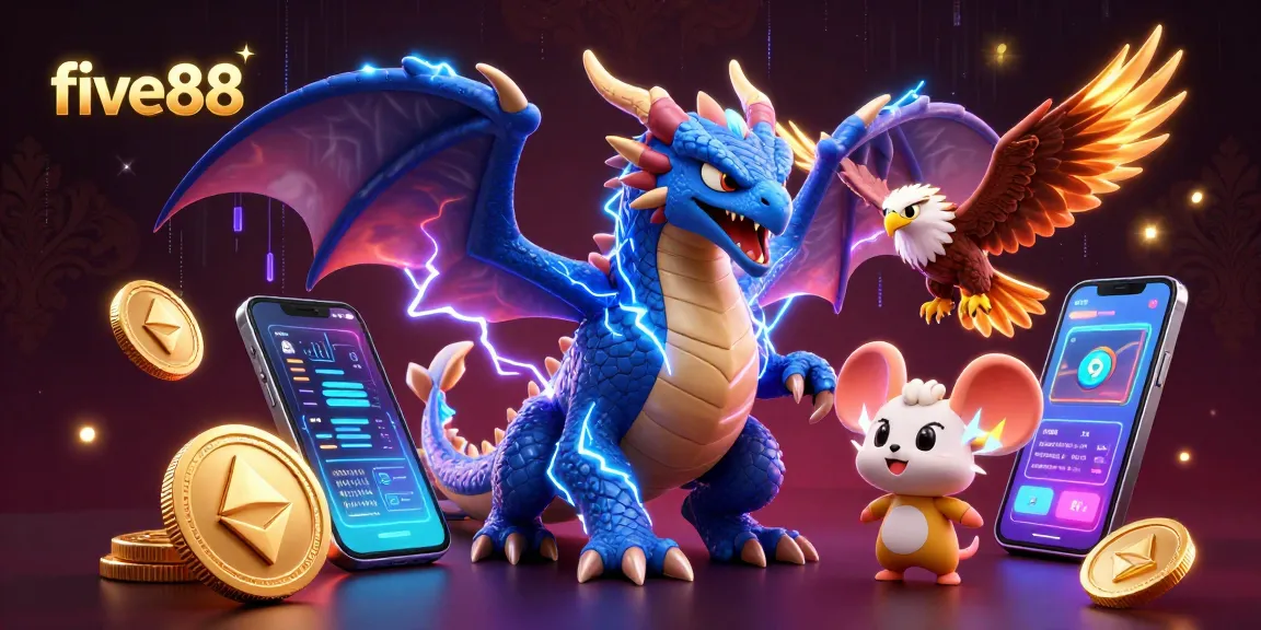 Engage in thrilling crypto gaming with five88's electrifying 3D casino elements featuring dragons and coins.